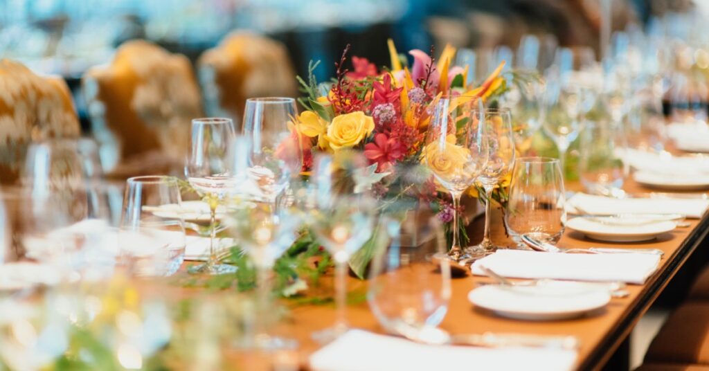 A beautiful table setting awaits event catering foods.